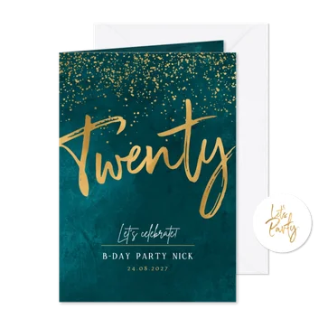 Uitnodigingskaart verjaardagsfeest man vrouw goud confetti
